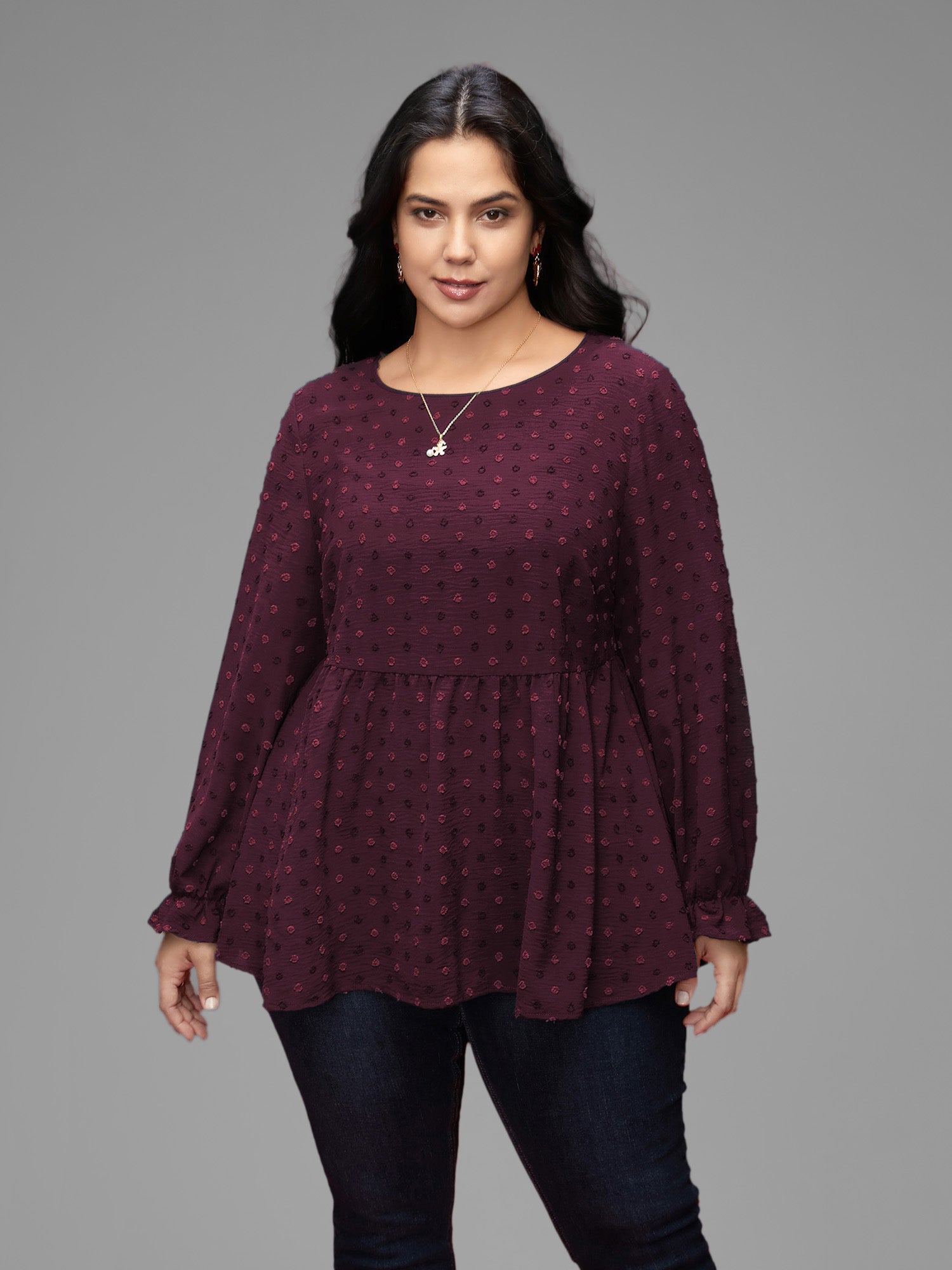Textured Dot Elastic Cuffs A-line Blouse