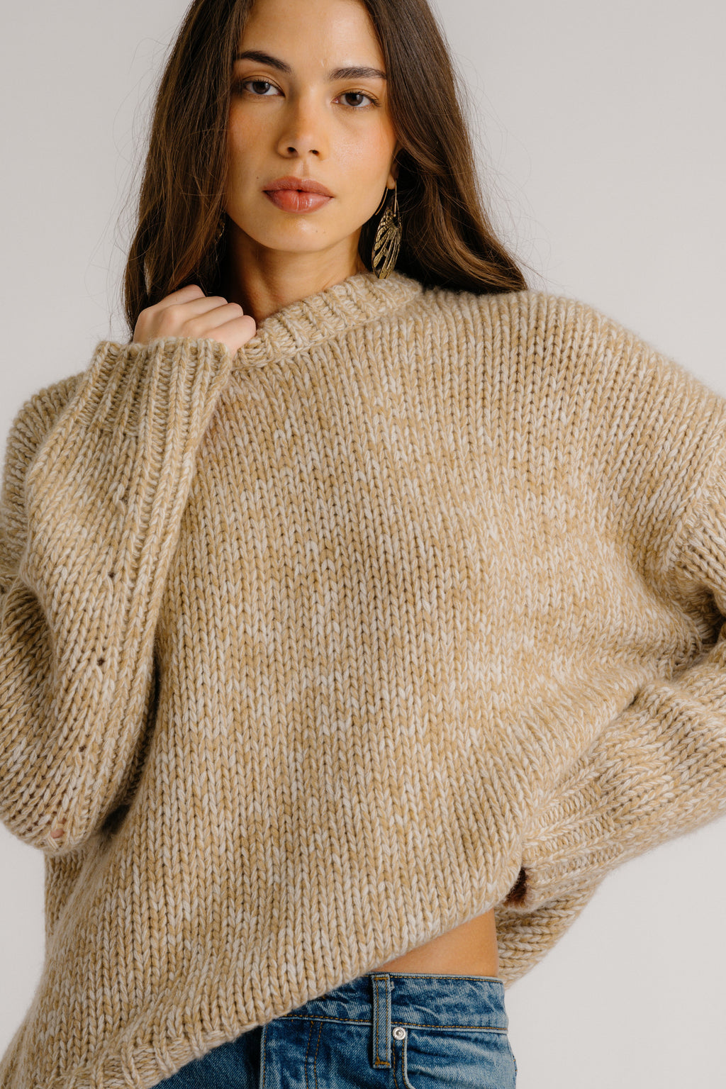 CYPRESS CASHMERE CREWNECK WITH RIB DETAIL | CAMEL MULTI